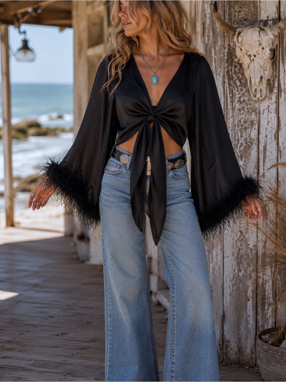 Buckle Blue B Black Satin Tie-Front Feather Trim Blouse Western Coastal Cowgirl